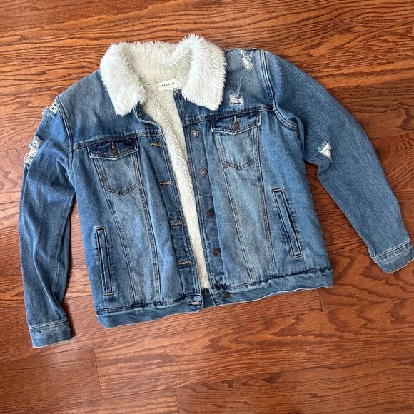 Pacsun Sherpa Denim Trucker Jacket Fleece Lined Size Large Distressed - Picture 2 of 12